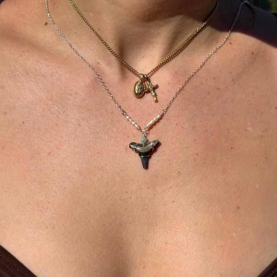 Close worn view of Pearl Cove Shark Tooth Necklace
