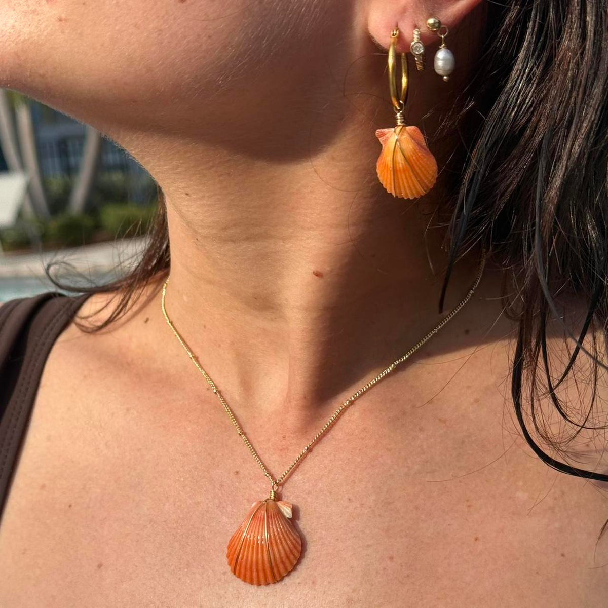 Coastal Ember necklace and matching shell earring