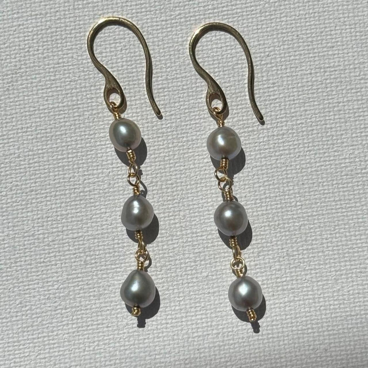 Gray pearl drop earrings in gold