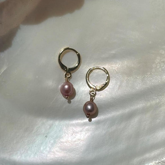Pink freshwater pearl huggie earrings in gold