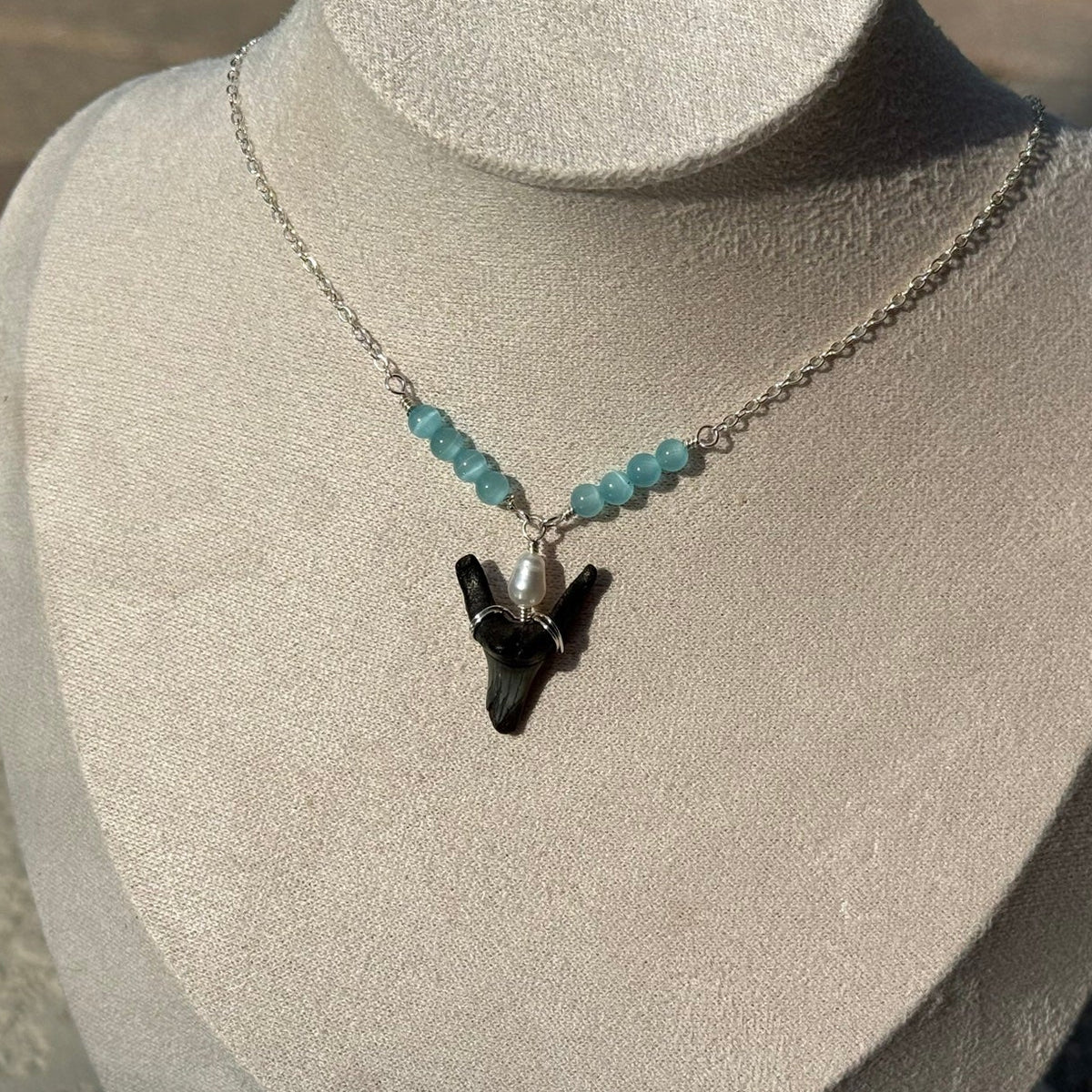 Tidepool Shark Tooth Necklace with aqua beads and freshwater pearl