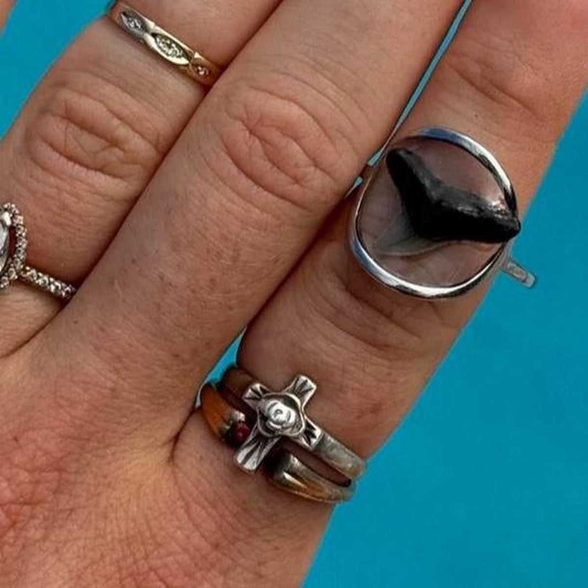 Genuine shark tooth resin statement ring worn on hand