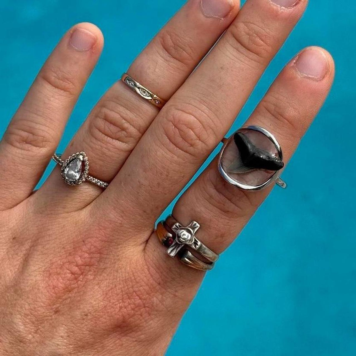 Genuine shark tooth resin ring size 9.5 worn on hand