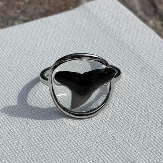 Close-up of genuine shark tooth suspended in clear resin ring