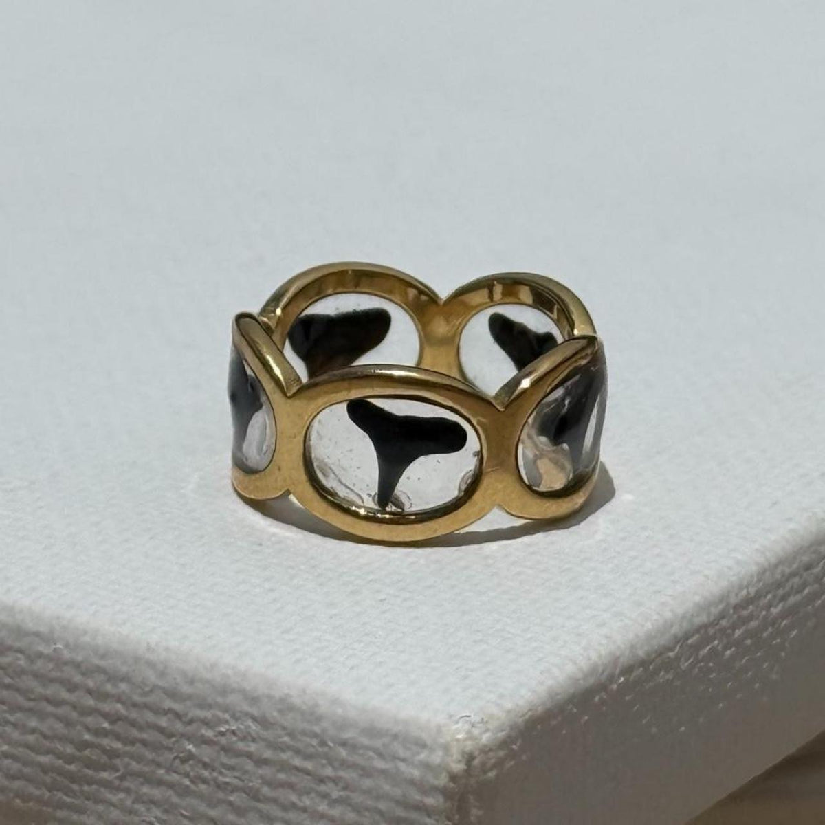 Close view of genuine shark teeth suspended in clear resin band ring
