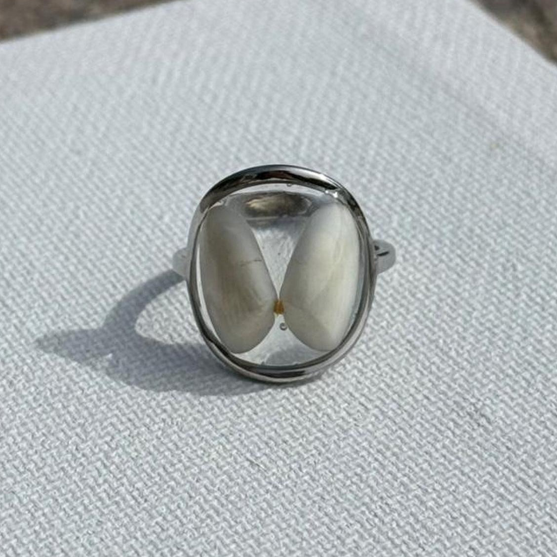 White butterfly resin ring in silver stainless steel