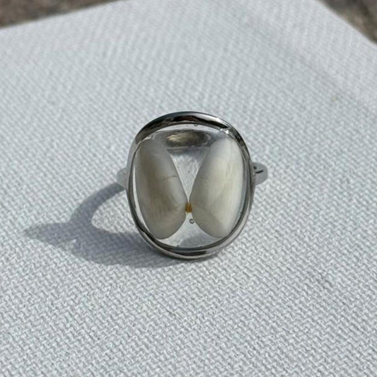 White butterfly resin ring in silver stainless steel