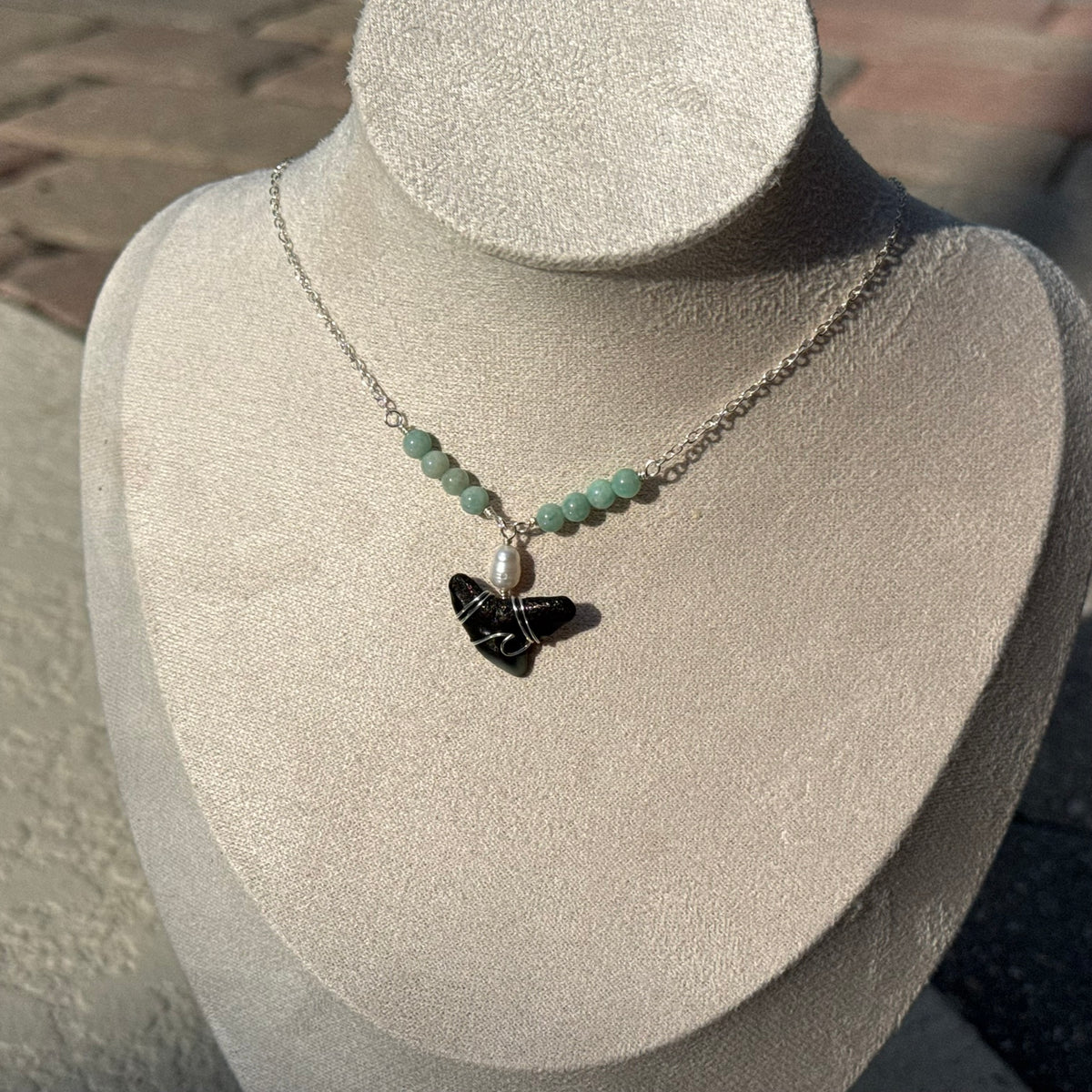 Lagoon Shark Tooth Necklace with mint-green beads and freshwater pearl