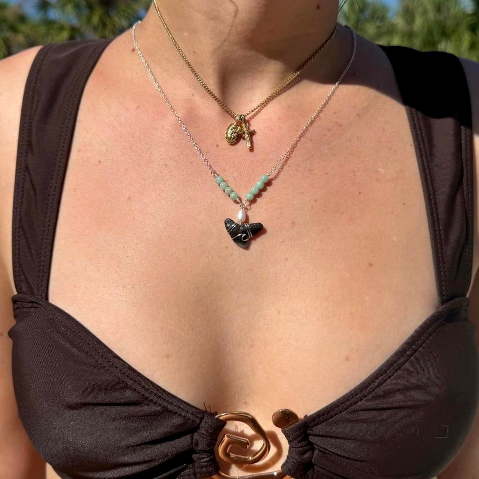 Lagoon Shark Tooth Necklace worn in a layered jewelry look