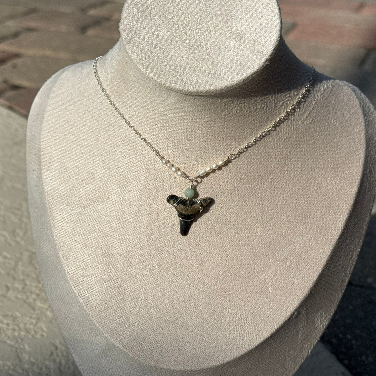 Pearl Cove Shark Tooth Necklace with pearl accents and seafoam bead