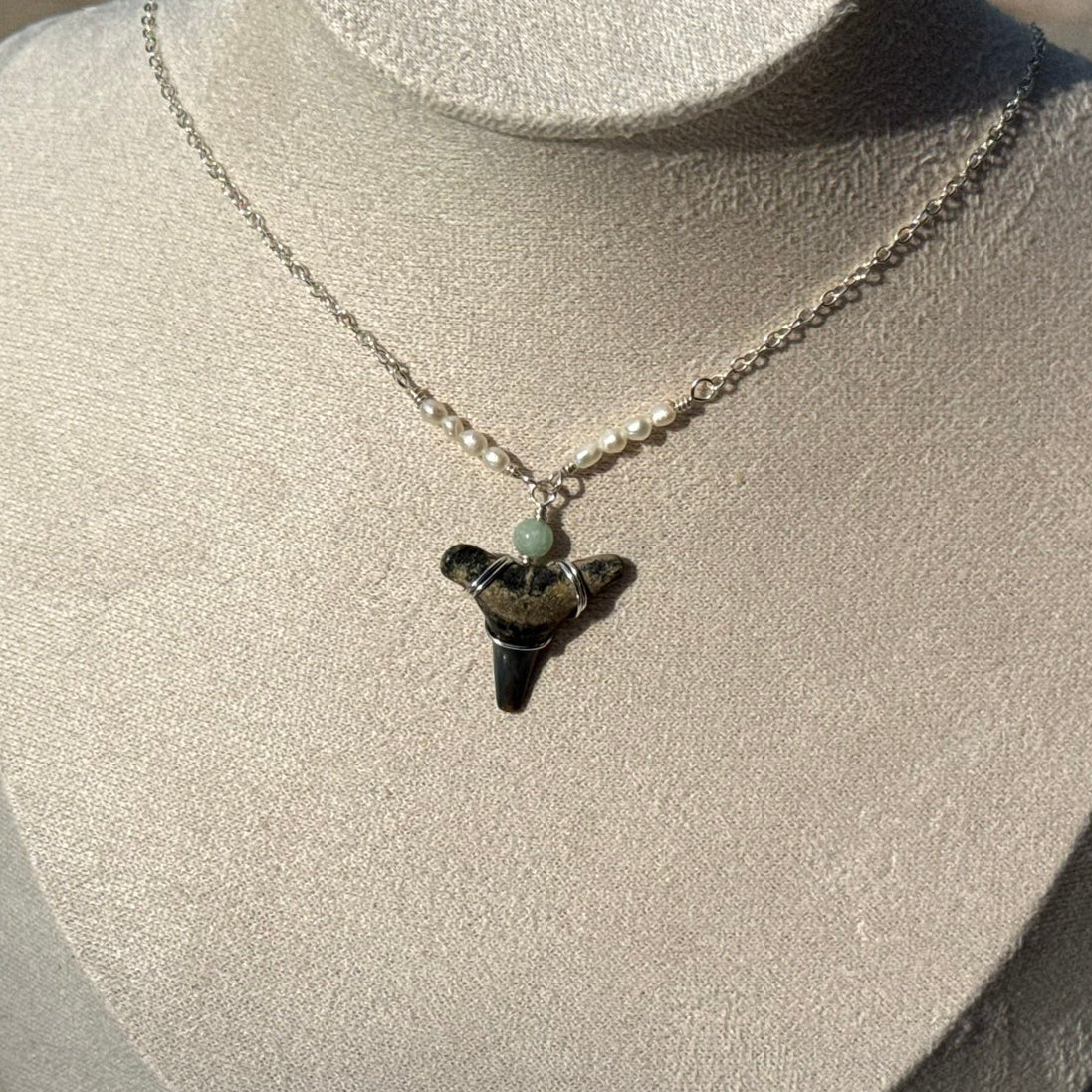 Silver-tone shark tooth necklace with pearl accents