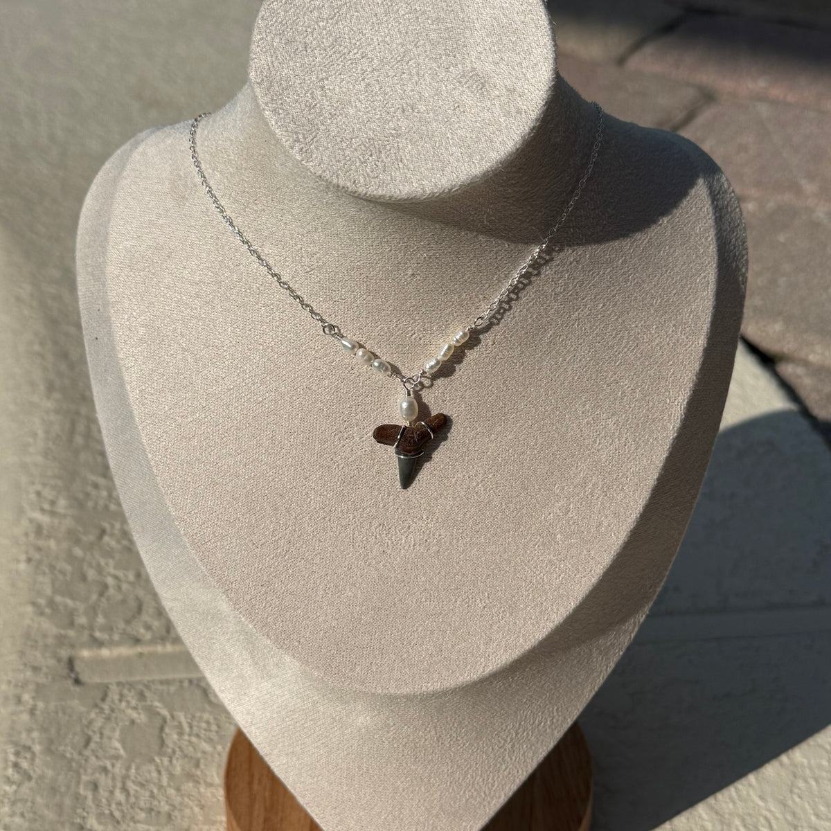 Driftwood Pearl Shark Tooth Necklace with pearl accents