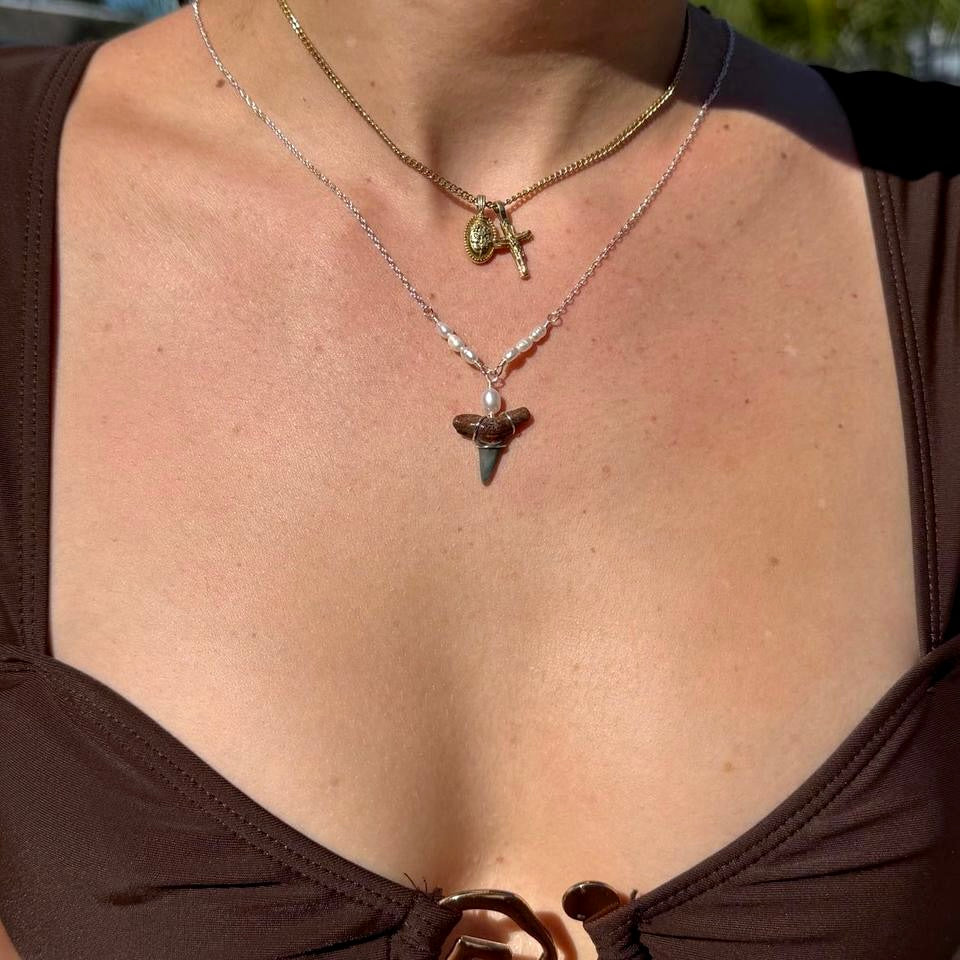 Coastal shark tooth necklace shown worn