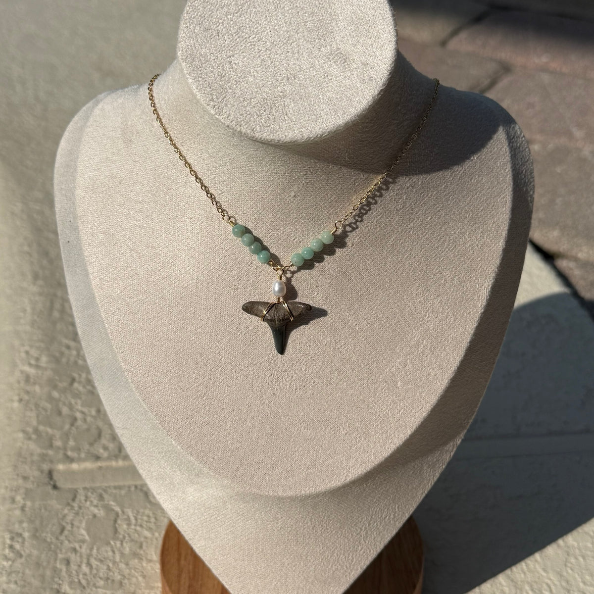 Seaglass Shark Tooth Necklace with seafoam beads and freshwater pearl