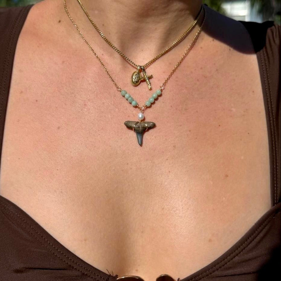 Seaglass Shark Tooth Necklace shown worn