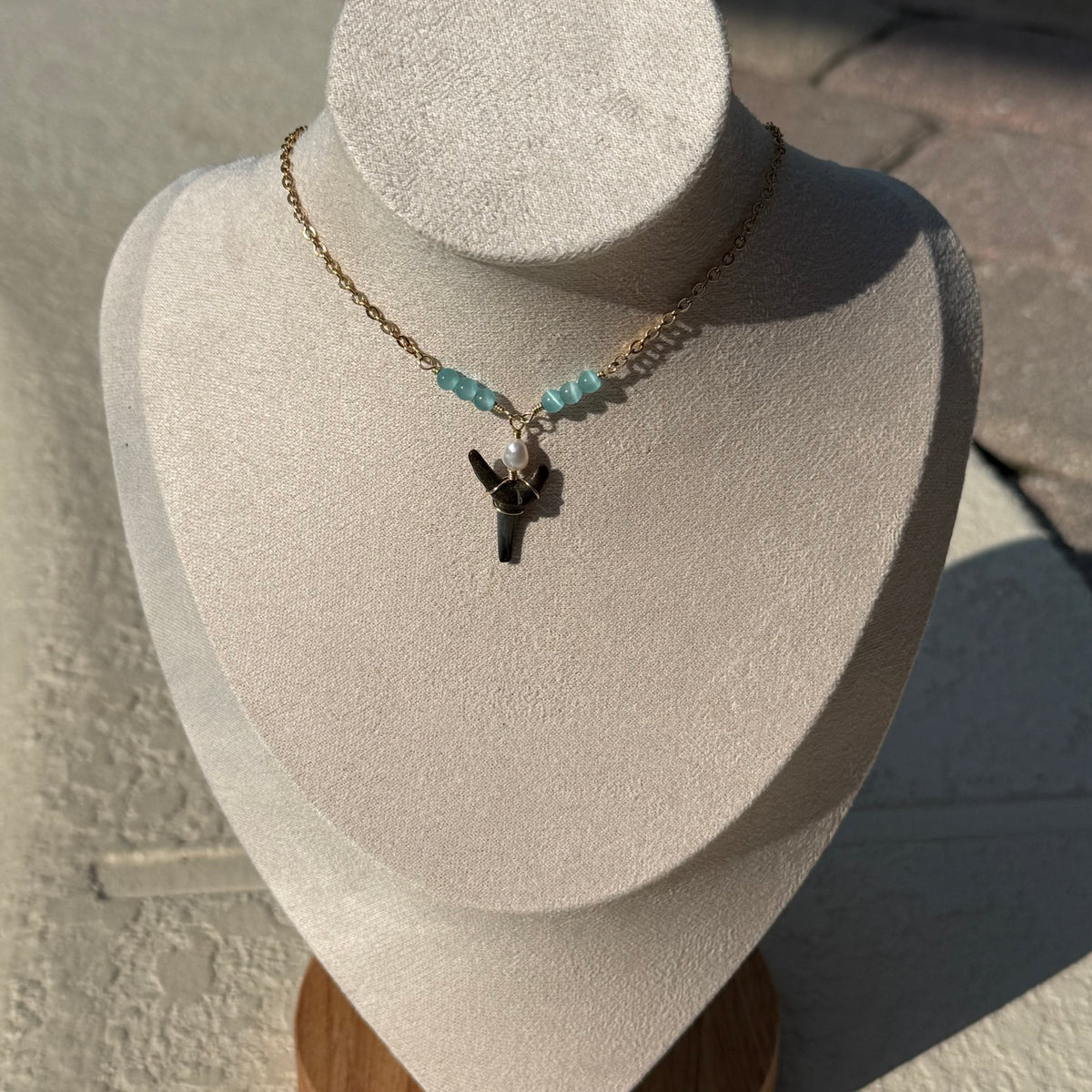 Blue Current Shark Tooth Necklace with aqua beads and freshwater pearl
