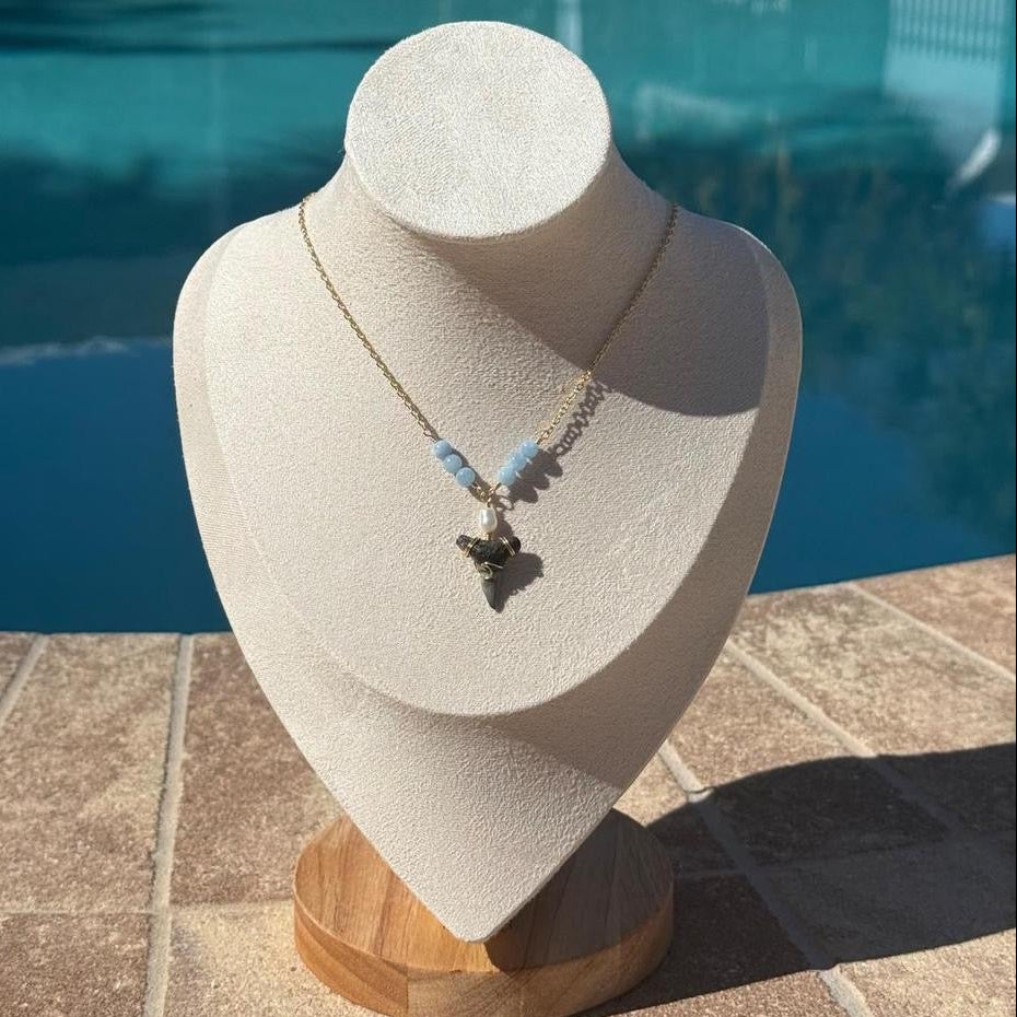 Blue Horizon Shark Tooth Necklace shown worn