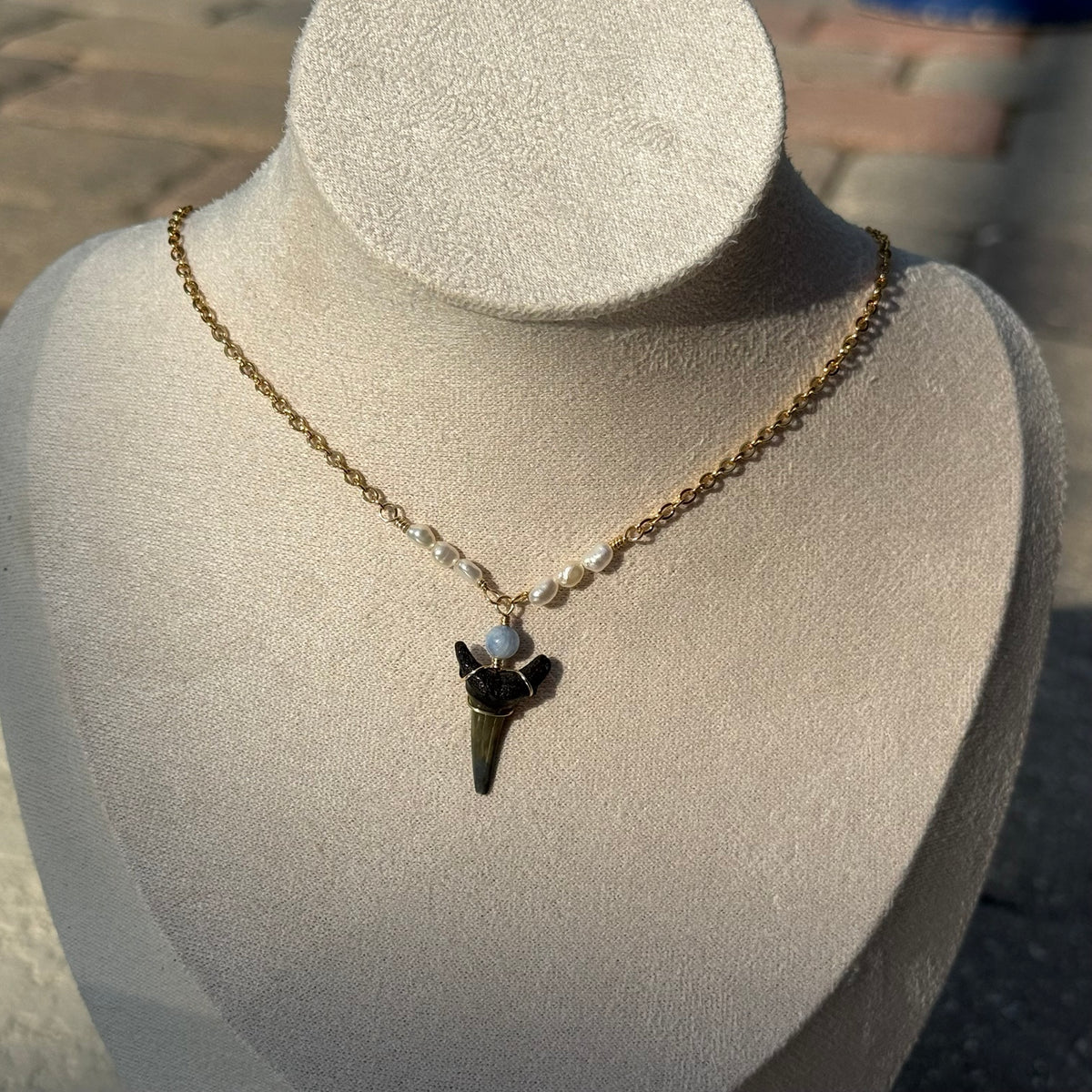 Pearl Drift Shark Tooth Necklace with pearl accents and pale blue bead