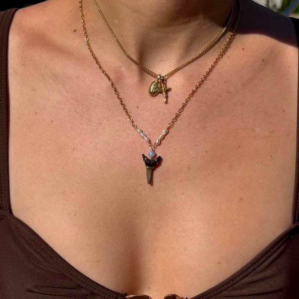 Pearl Drift Shark Tooth Necklace worn in a layered jewelry look