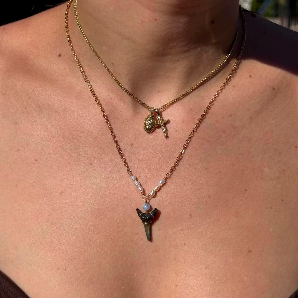 Pearl Drift Shark Tooth Necklace shown worn