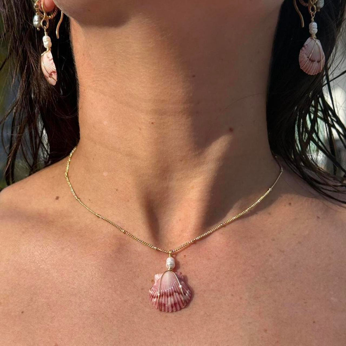 Rosewater scallop shell necklace and matching earrings worn