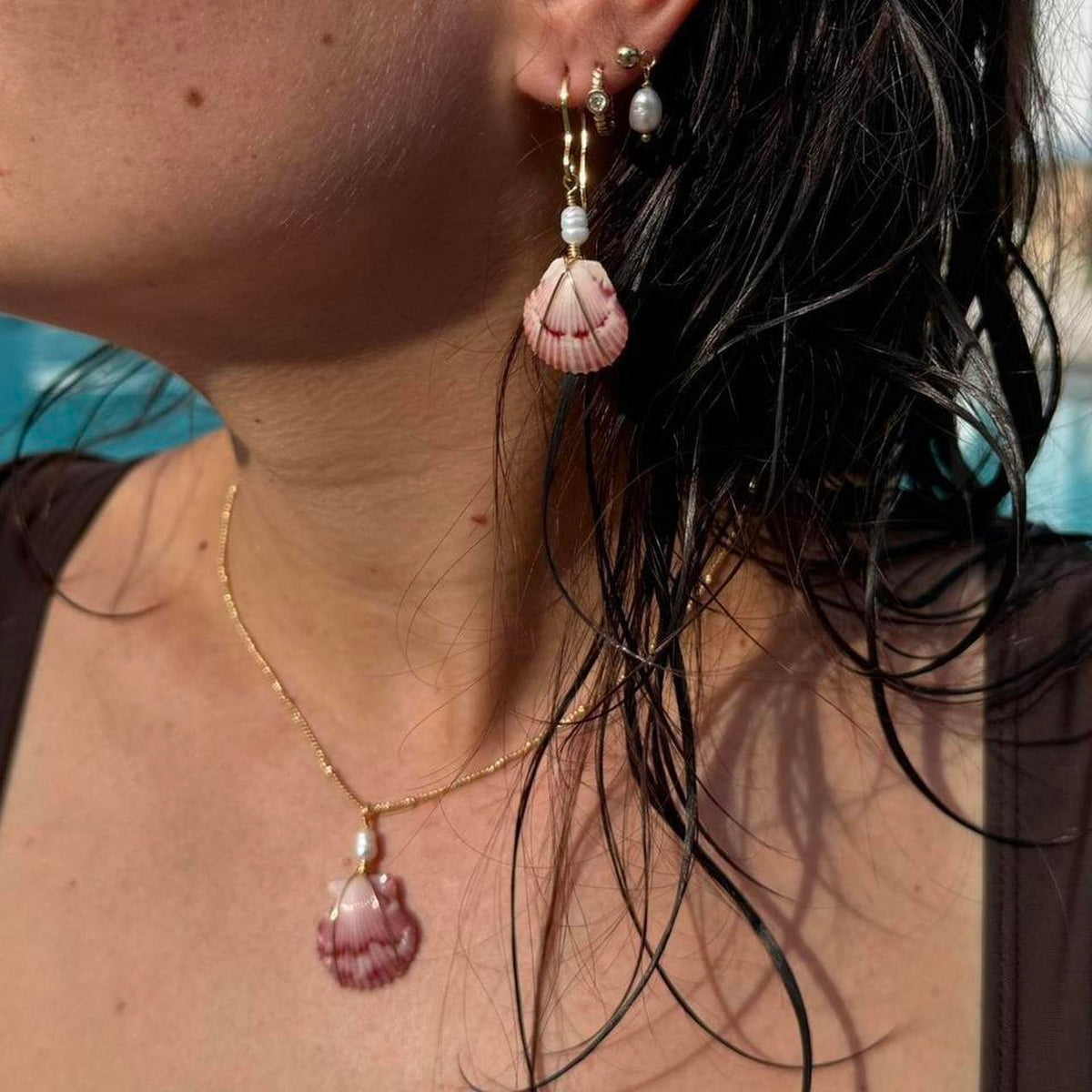 Rosewater scallop shell earring and necklace styled together