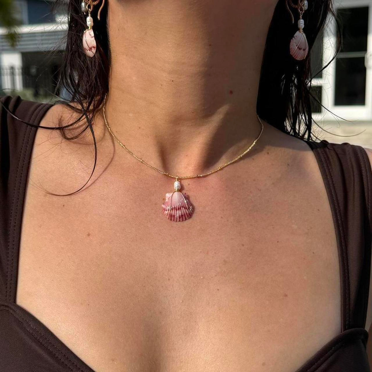 Rosewater scallop shell necklace and earrings front view