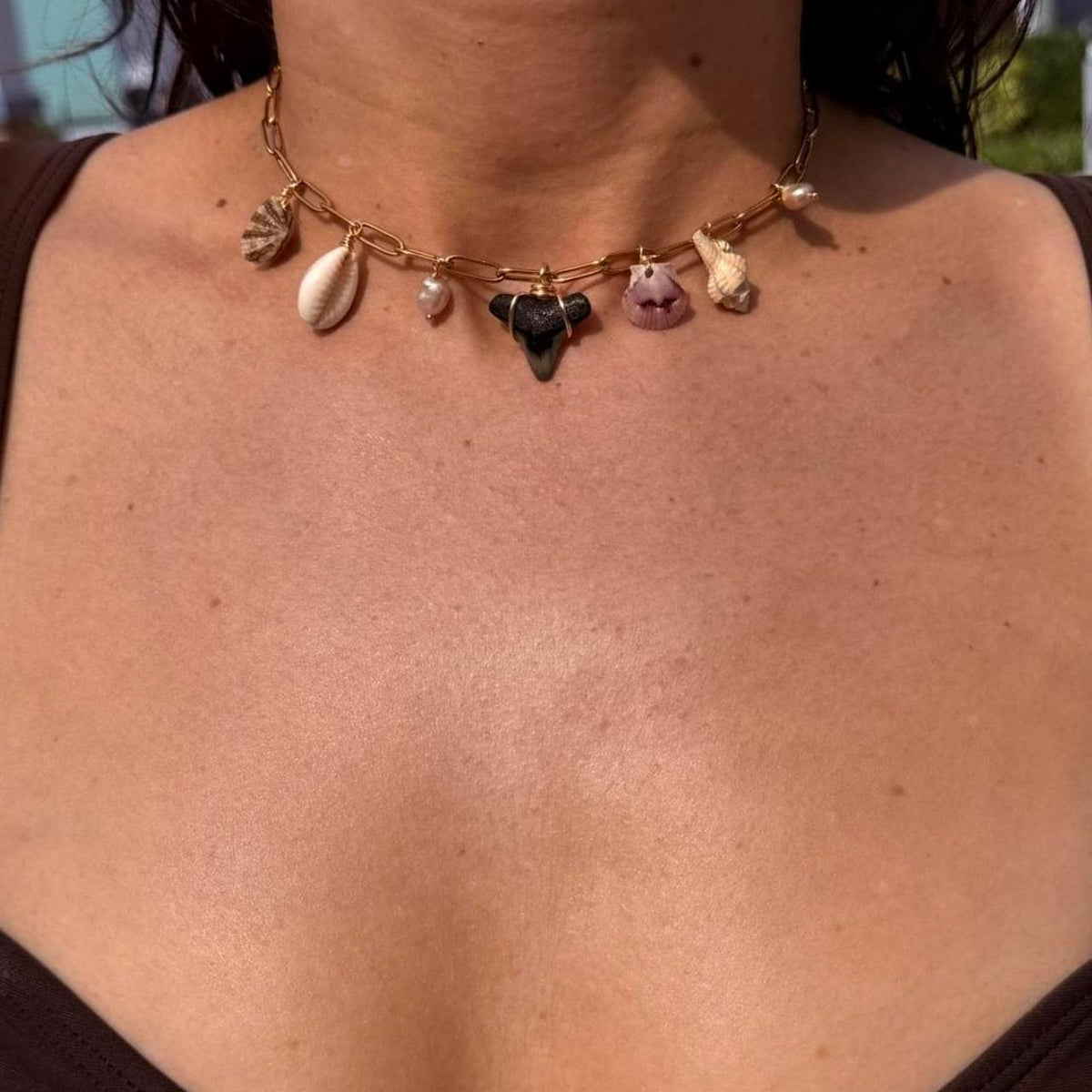 Shoreline Talisman Necklace with shark tooth, shells and pearls