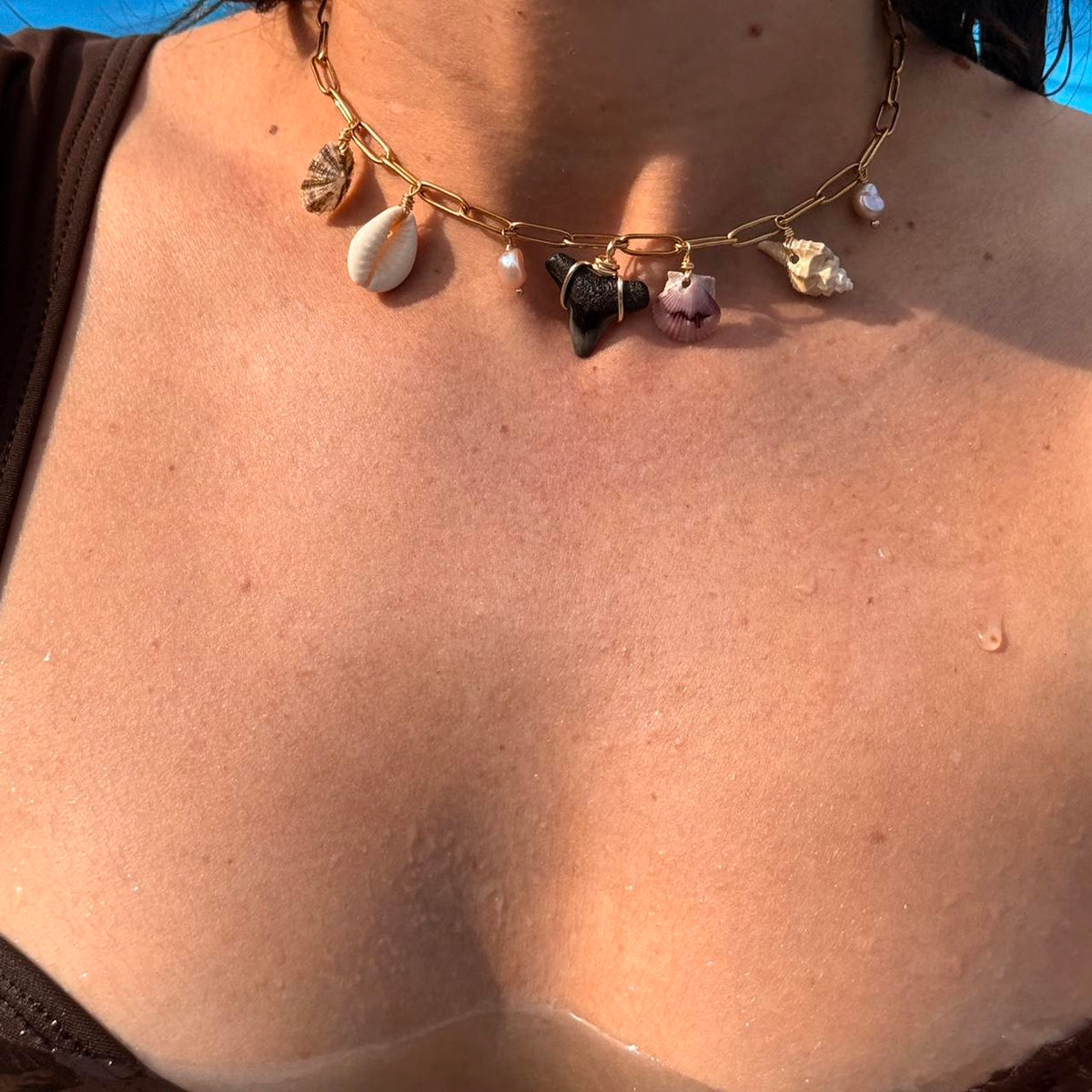 Shark tooth and seashell charm necklace worn in sunlight