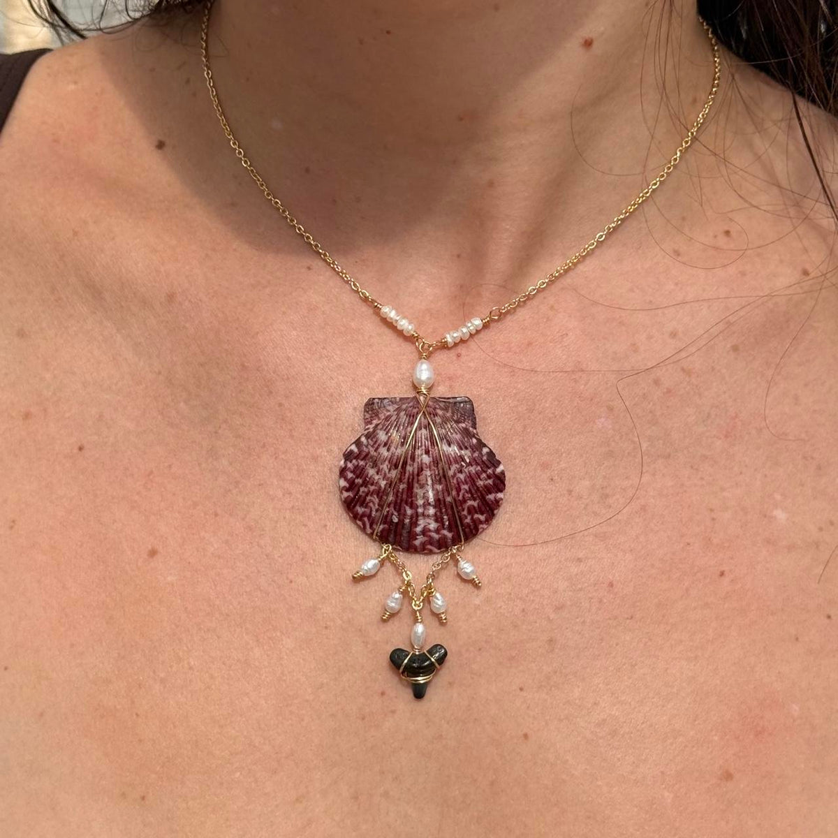 Sundown Scallop Necklace with scallop shell, freshwater pearls and genuine shark tooth