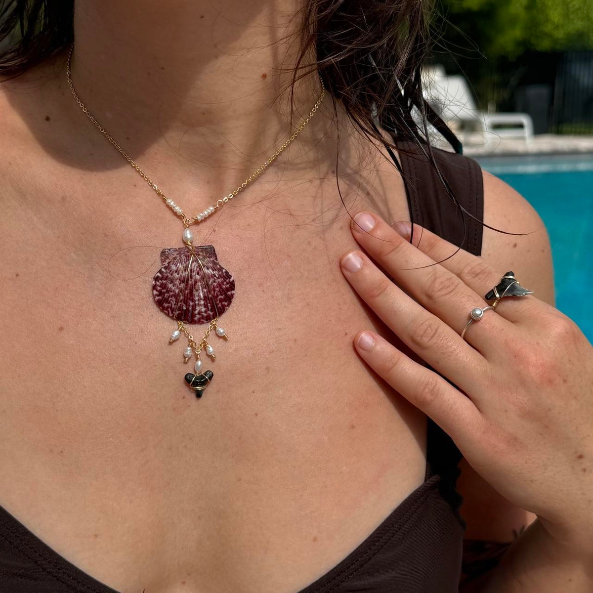 Sundown Scallop Necklace styled with handmade coastal jewelry