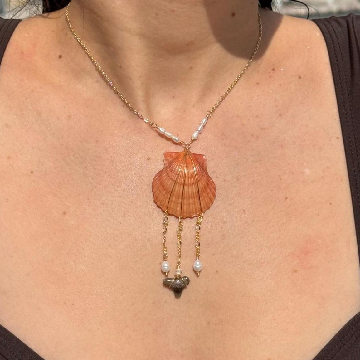 Sunset Relic Necklace with orange scallop shell, freshwater pearls and genuine shark tooth