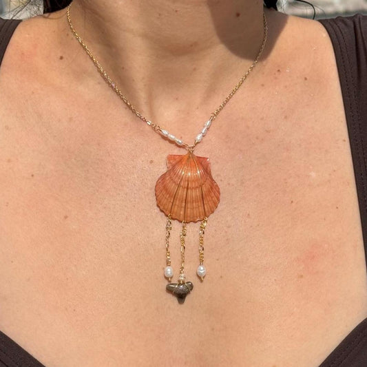 Sunset Relic Necklace with orange scallop shell, freshwater pearls and genuine shark tooth
